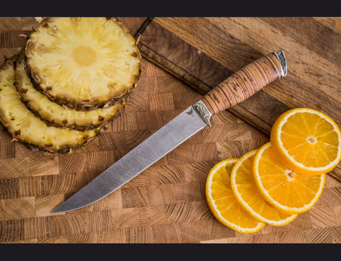 Нож Филейный большой (Дамаск 1200 слоев, береста, литье мельхиор)