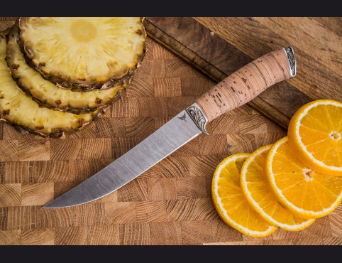 Нож Филейный малый (Дамаск 1200 слоев, береста, литье мельхиор)