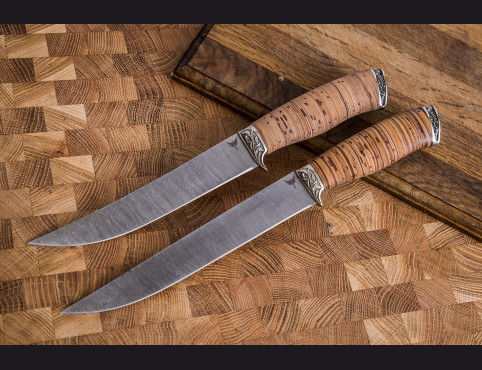 Набор филейных ножей (Дамаск 1200 слоев, береста, литье мельхиор)