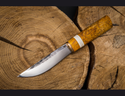 Нож Якутский средний (Х12мф, стабилизированная карельская береза ,рог лося, латунь, кованный дол)