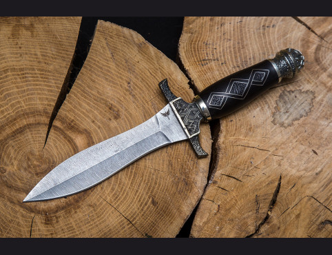 Нож Диверсант (Дамаск 1200 слоев, мореный граб, литье мельхиор) рукоять инкрустированная 