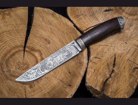 Нож Охотник  (дамаск 1200 слоев, венге, литье мельхиор, художественное оформление клинка)