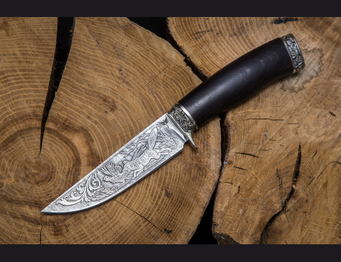 Нож Скиф (дамаск 1200 слоев, мореный граб, литье мельхиор, художественное оформление клинка)