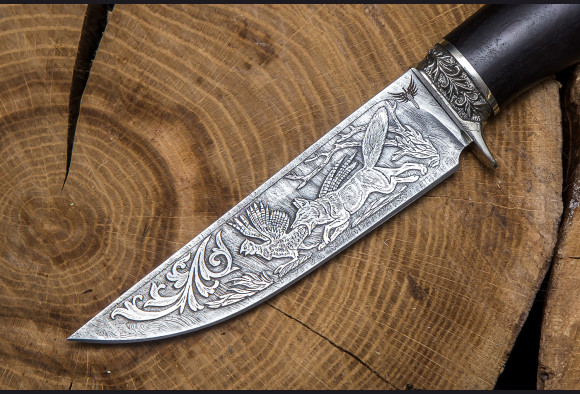 Нож Скиф <span>(дамаск 1200 слоев, мореный граб, литье мельхиор, художественное оформление клинка)</span>