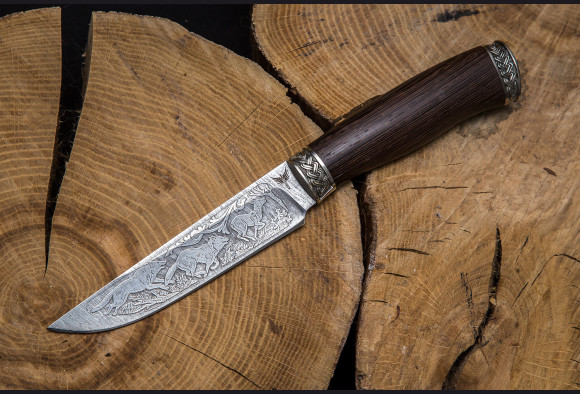 Нож Гепард <span>(дамаск 1200 слоев, венге, литье мельхиор, художественное оформление клинка)</span>