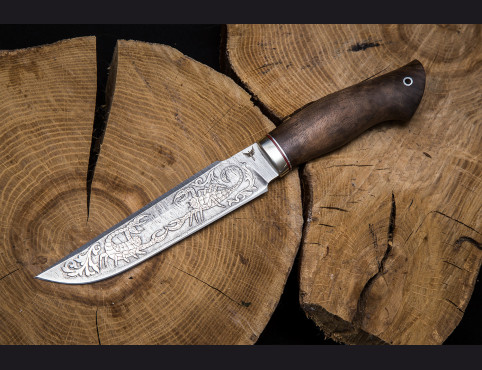Нож Скорпион (Дамаск 1200 слоев, корень ореха, художественное оформление клинка) 