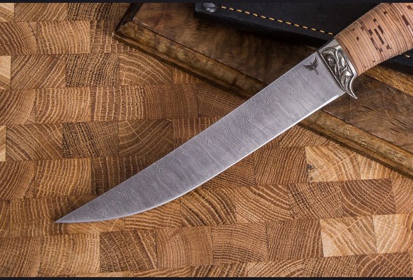 Нож Филейный малый <span>(Дамаск 1200 слоев, береста, литье мельхиор)</span>