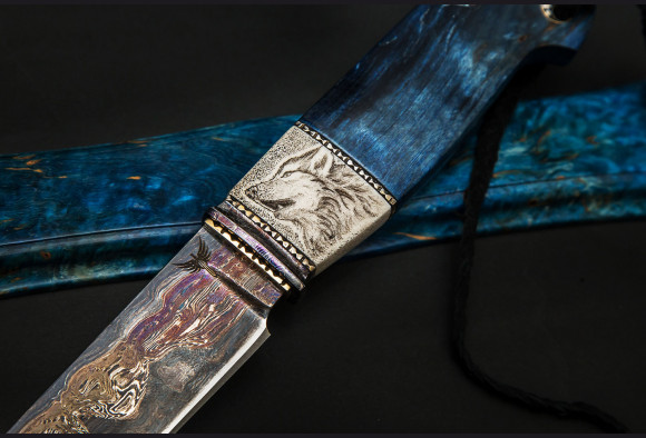 Авторский нож Гепард <span>(высокоуглеродистый ламинат обложенный никелевым дамаском, рукоять: больстер мозаичный дамаск с никелем,кость моржа, скримшоу, стабилизированная карельская береза,мозаичный темлячный пин)</span>