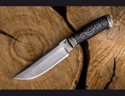 Нож Турист (Дамаск 1200 слоев, мореный граб, литье мельхиор, рукоять инкрустированна мельхиором)