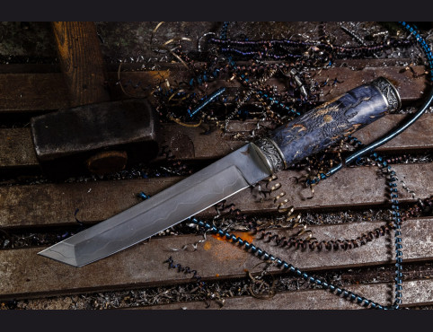 Нож Самурай (трехслойный ламинат, стабилизированная карельская береза, литье мельхиор, мозаичный пин)