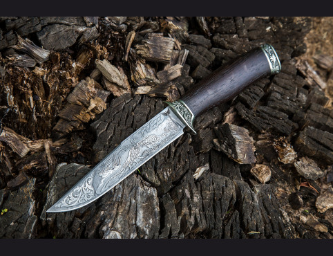 Нож Пегас (дамаск 1200 слоев, венге, литье мельхиор, художественное оформление клинка)
