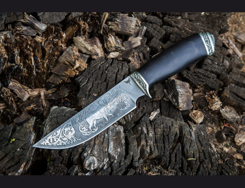 Нож Нерпа (дамаск 1200 слоев, мореный граб, литье мельхиор, художественное оформление клинка)