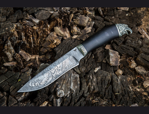 Нож Ястреб (дамаск 1200 слоев, мореный граб, литье мельхиор, художественное оформление клинка)