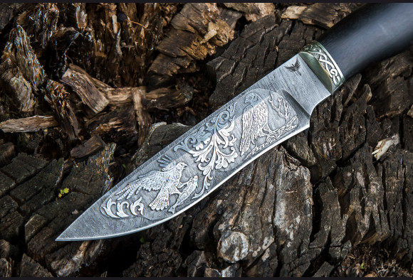 Нож Ястреб <span>(дамаск 1200 слоев, мореный граб, литье мельхиор, художественное оформление клинка)</span>