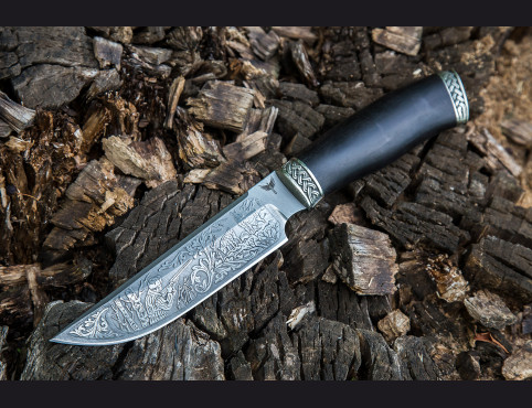 Нож Турист (дамаск 1200 слоев, мореный граб, литье мельхиор, художественное оформление клинка)