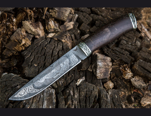 Нож Егерь (дамаск 1200 слоев, венге, литье мельхиор, художественное оформление клинка)