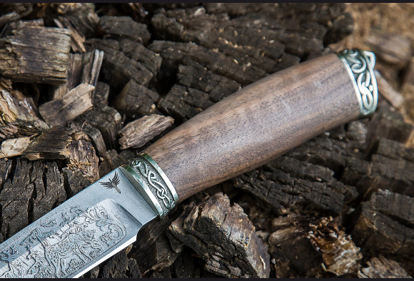 Нож Лань <span>(дамаск 1200 слоев, корень ореха, литье мельхиор, художественное оформление клинка)</span>