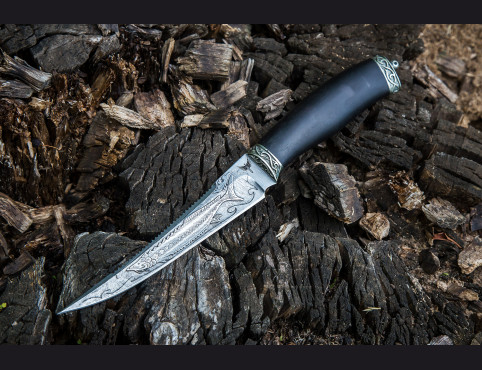 Нож Рыбак 2 (дамаск 1200 слоев, мореный граб, литье мельхиор, художественное оформление клинка) 