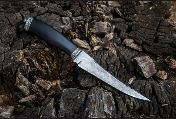 Нож Рыбак 2 <span>(дамаск 1200 слоев, мореный граб, литье мельхиор, художественное оформление клинка)</span> 