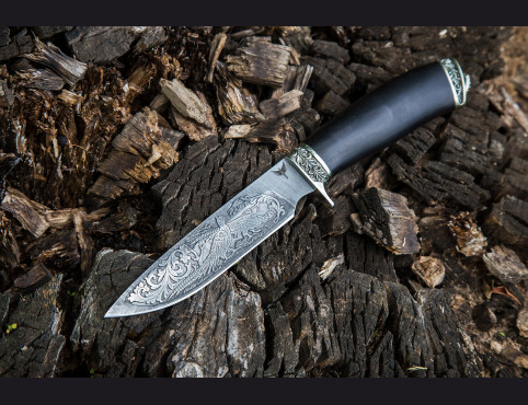 Нож Ирбис (дамаск 1200 слоев, мореный граб, литье мельхиор, художественное оформление клинка)