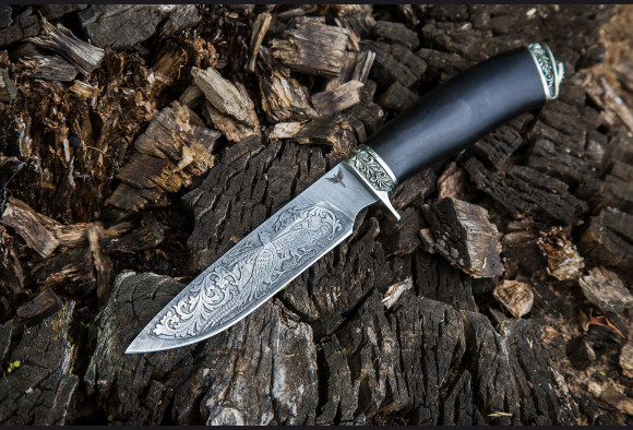 Нож Ирбис <span>(дамаск 1200 слоев, мореный граб, литье мельхиор, художественное оформление клинка)</span>