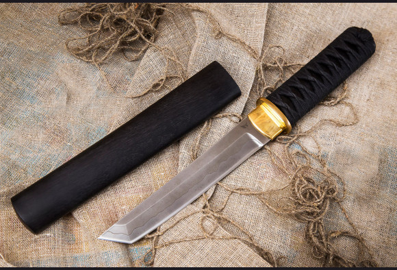 Нож Самурай <span>(трехслойный ламинат, мореный граб, цуба латунь)</span> рукоять в оплетке  