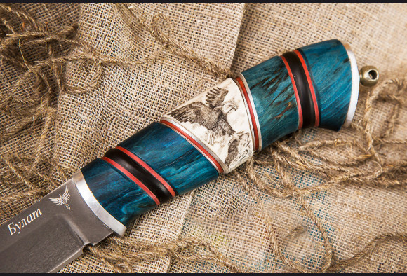 Нож Егерь <span>(булат, наборная рукоять синяя стабилизированная карельская береза, рог лося)</span>