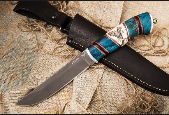 Нож Егерь <span>(булат, наборная рукоять синяя стабилизированная карельская береза, рог лося)</span>