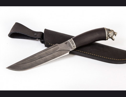 Нож Скорпион (Дамаск 1200 слоев, мореный граб, литье мельхиор, долы камень)