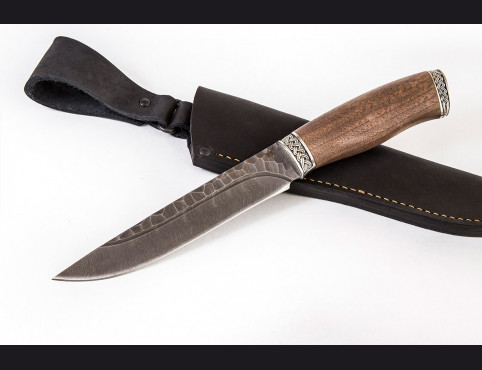 Нож Охотник (Дамаск 1200 слоев, корень ореха, литье мельхиор) долы камень
