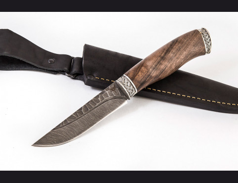 Нож Грибник 1 (Дамаск 1200 слоев, корень ореха, литье мельхиор) долы камень