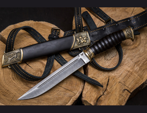 Нож Пластунский (Дамаск 1200 слоев, мореный граб, латунь) деревянные ножны