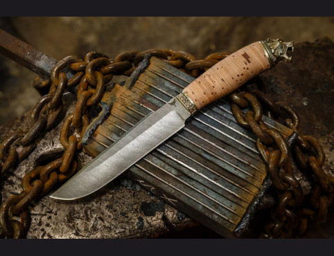 Нож Скорпион (дамаск 1200 слоев, береста, литье мельхиор)