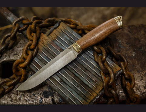Нож Охотник (дамаск 1200 слоев, корень ореха, литье мельхиор)