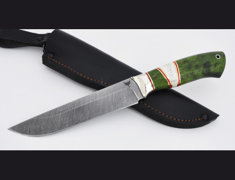 Нож Охотник (дамаск 1200 слоев, стабилизированная карельская береза, вставка рог лося)