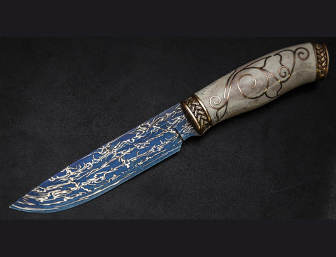 Нож Фрегат (мозаичный дамаск никелированный, тонированный,рукоять рог лося инкрустация)