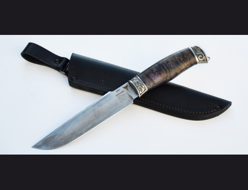 Нож Скорпион (ХВ5-АЛМАЗКА,стабилизированная карельская береза,литье мельхиор)