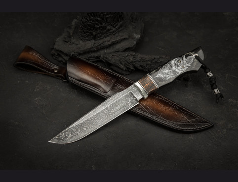 Нож Сова (мозаичный дамаск, рог буйвола, карбон)