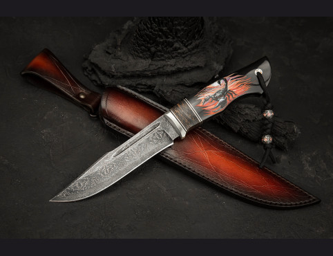 Нож Скорпион (мозаичный дамаск, рог буйвола, вставка карбон, художественное оформление рукояти "скримшоу")