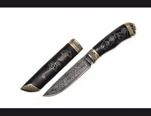 Авторский Нож Гепард (Мозаичный Дамаск с никелем, мореный граб,мельхиор) деревянные ножны инкрустация.