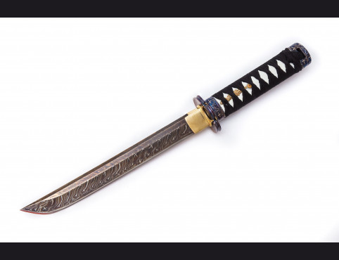 Авторский нож Танто (Мозаичный дамаск с никелем) деревянные ножны.
