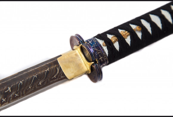 Авторский нож Танто <span>(Мозаичный дамаск с никелем)</span> деревянные ножны.
