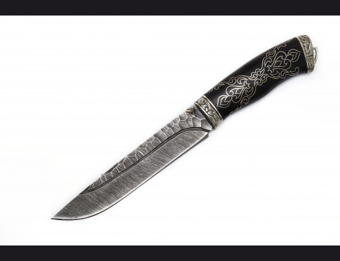 Нож Охотник (Дамаск 1200 слоев, мореный граб, литье мельхиор) долы камень, инкрустация