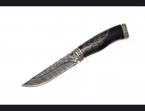 Нож Пума (Дамаск 1200 слоев, мореный граб, литье мельхиор) долы камень, инкрустация.
