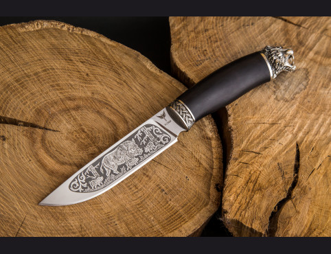 Нож Вепрь (х12мф, мореный граб, литье мельхиор) художественное оформление клинка 