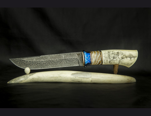 Авторский нож Сафари (мозаичный дамаск с никелем, кость моржа, стабилизированный бивень мамонта) скримшоу 