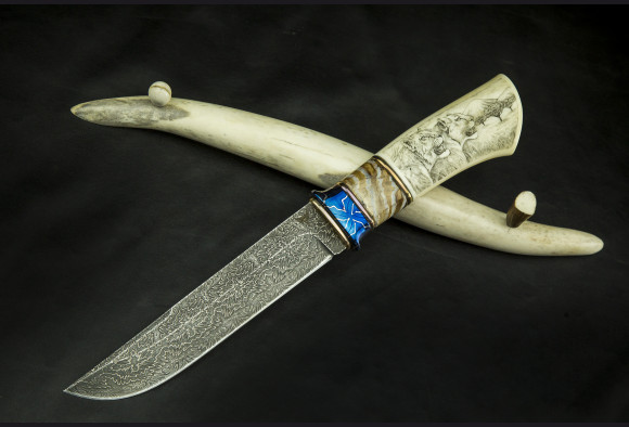 Авторский нож Сафари <span>(мозаичный дамаск с никелем, кость моржа, стабилизированный бивень мамонта)</span> скримшоу 