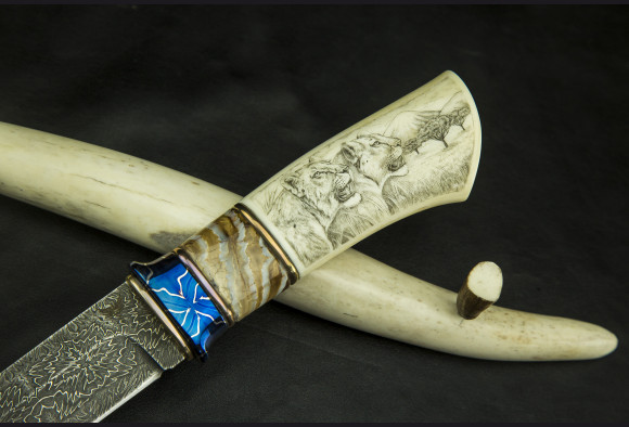 Авторский нож Сафари <span>(мозаичный дамаск с никелем, кость моржа, стабилизированный бивень мамонта)</span> скримшоу 