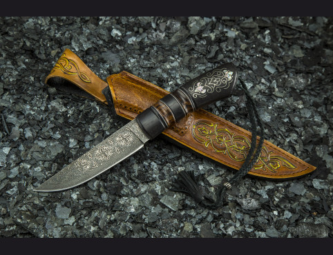 Авторский нож Феникс (Мозаичный дамаск с никелем, мореный граб, вставки айронвуд) инкрустация перламутром 