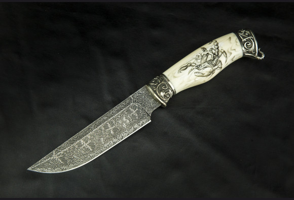 Авторский нож Титан <span>(мозаичный дамаск с никелем, клык моржа, больстры мозайка)</span> скримшоу 